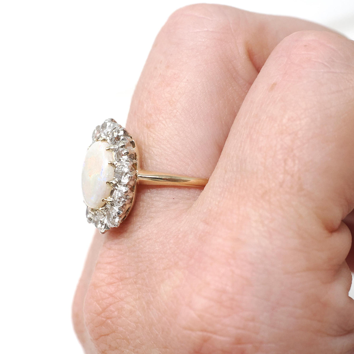 Opal & Diamond Halo Ring - Antique 14k Yellow Gold Platinum Cabochon Cut 1.27 CT Gem - Circa 1900s Size 7 1/2 Old European Cut Fine Jewelry