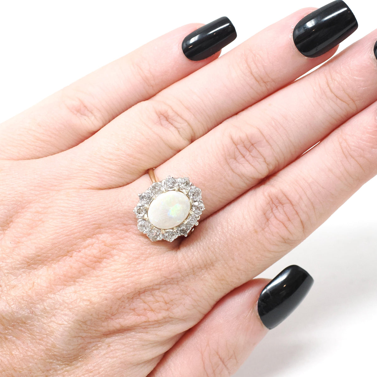 Opal & Diamond Halo Ring - Antique 14k Yellow Gold Platinum Cabochon Cut 1.27 CT Gem - Circa 1900s Size 7 1/2 Old European Cut Fine Jewelry