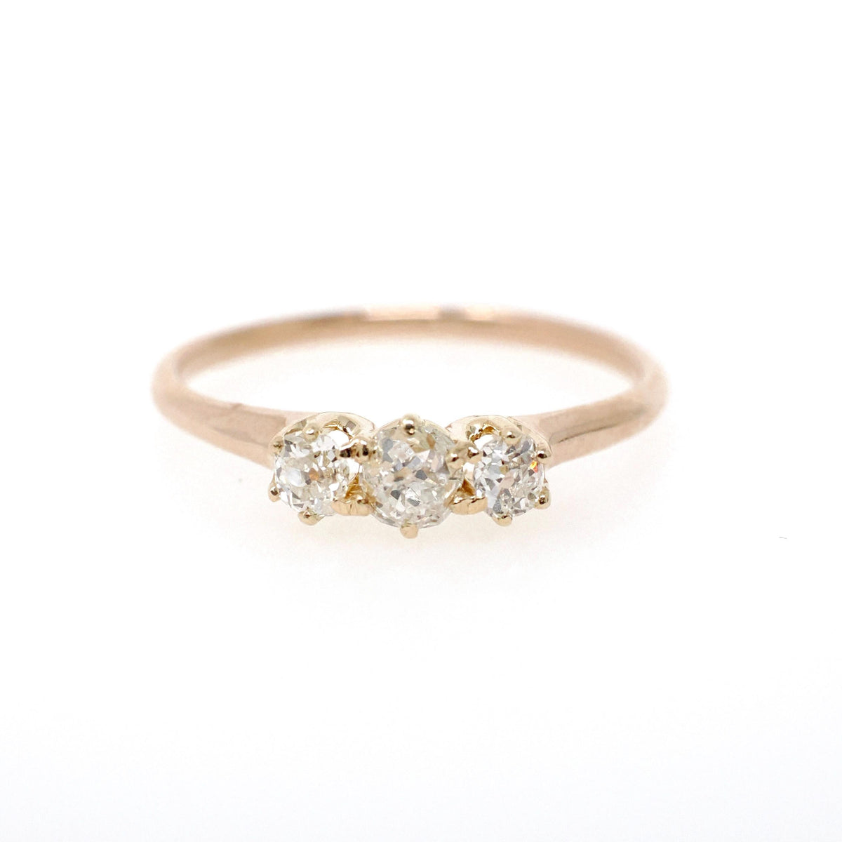 Edwardian Diamond Ring - Antique 10k Yellow Gold .51 CTW Old Mine Cut Three Stone Wedding Band - Circa 1910s Size 7 1/4 Fine Bridal Jewelry