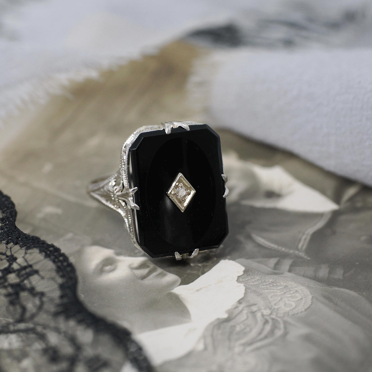 Onyx Filigree Ring - Art Deco Era 14k White Gold Natural .01 CT Diamond Accent - Vintage Circa 1930s Size 5 3/4 Black Chalcedony Jewelry