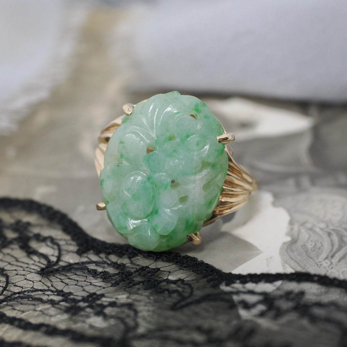 Carved Jadeite Ring - Vintage 14k Yellow Gold Carved Green Floral Jade Gemstone Solitaire - Modernist 1970s Era Size 6 1/2 Fine Jewelry
