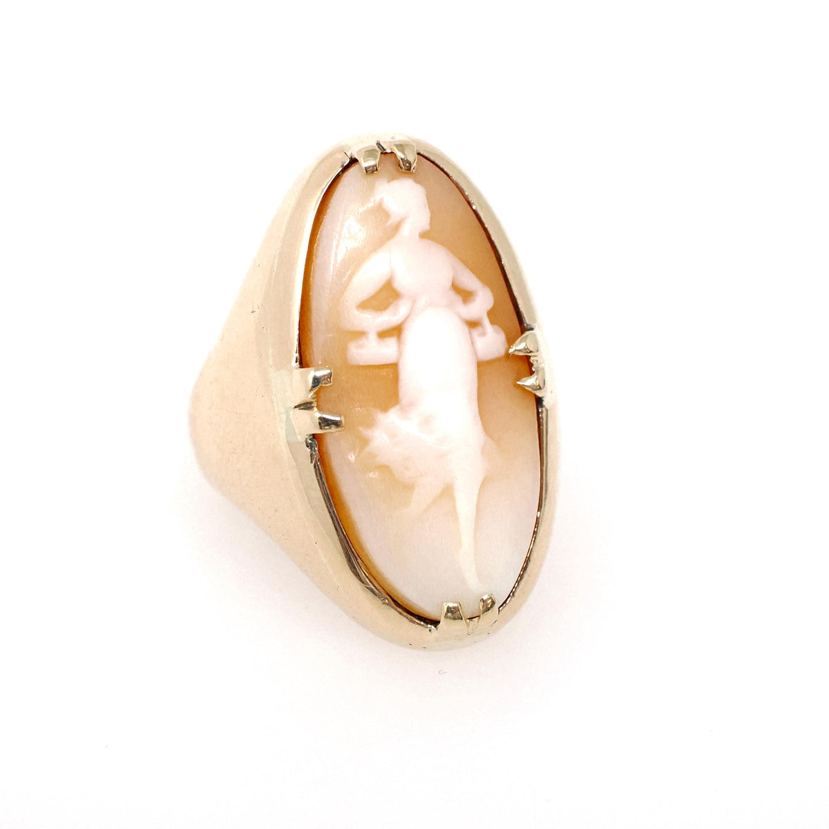 Art Nouveau Cameo Ring - Antique 10k Yellow Gold Carved Shell Portrait - Circa 1900s Size 5 1/2 Full Female Figure Allegory Fine Jewelry