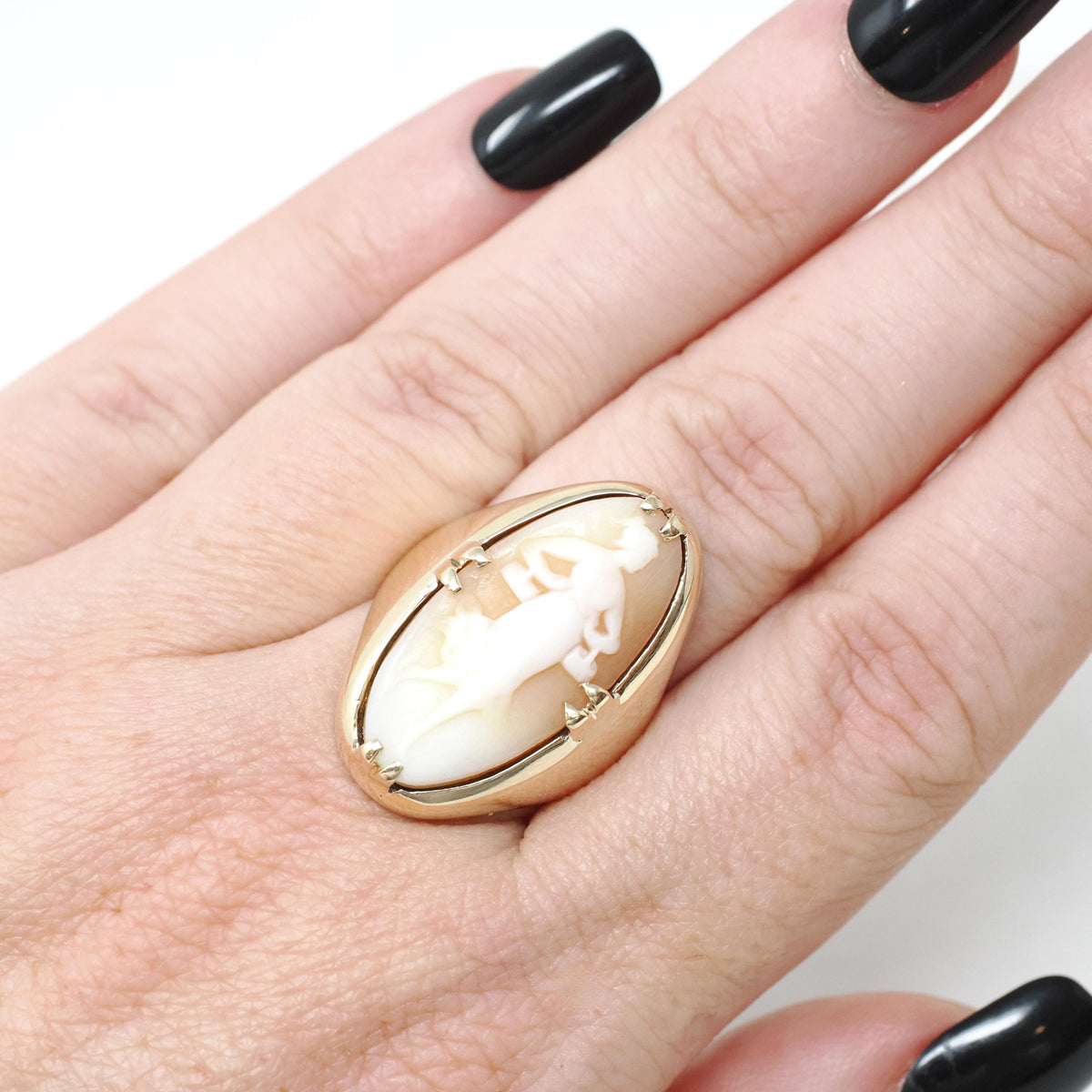 Art Nouveau Cameo Ring - Antique 10k Yellow Gold Carved Shell Portrait - Circa 1900s Size 5 1/2 Full Female Figure Allegory Fine Jewelry