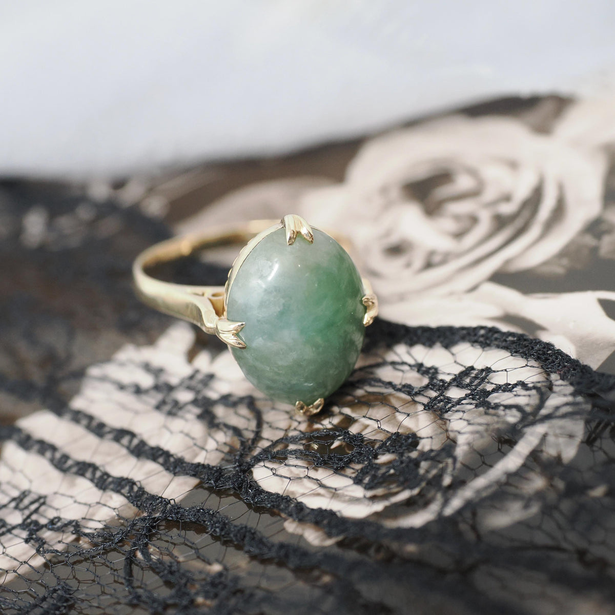 Vintage Jadeite Ring - Modernist 14k Yellow Gold Cabochon Natural Jade Solitaire - Circa 1970s Size 6 Fine Good Luck Nature Inspired Jewelry