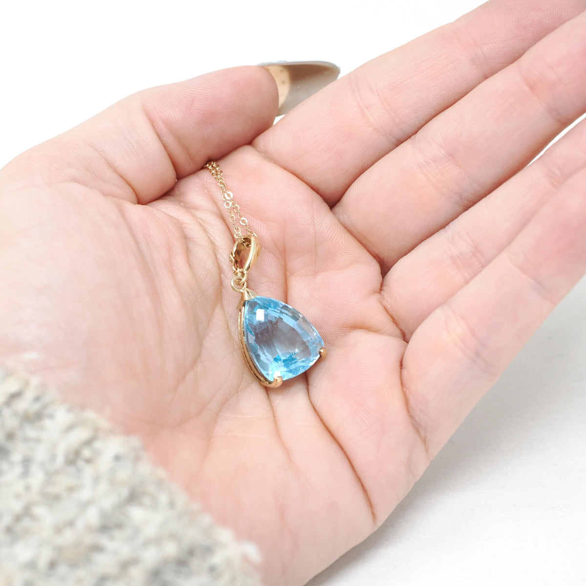 Blue Topaz Pendant - Estate 14k Yellow Gold Pear Faceted 10.08 CT Natural Gem - Contemporary Circa 2000s December Birthstone Fine Jewelry
