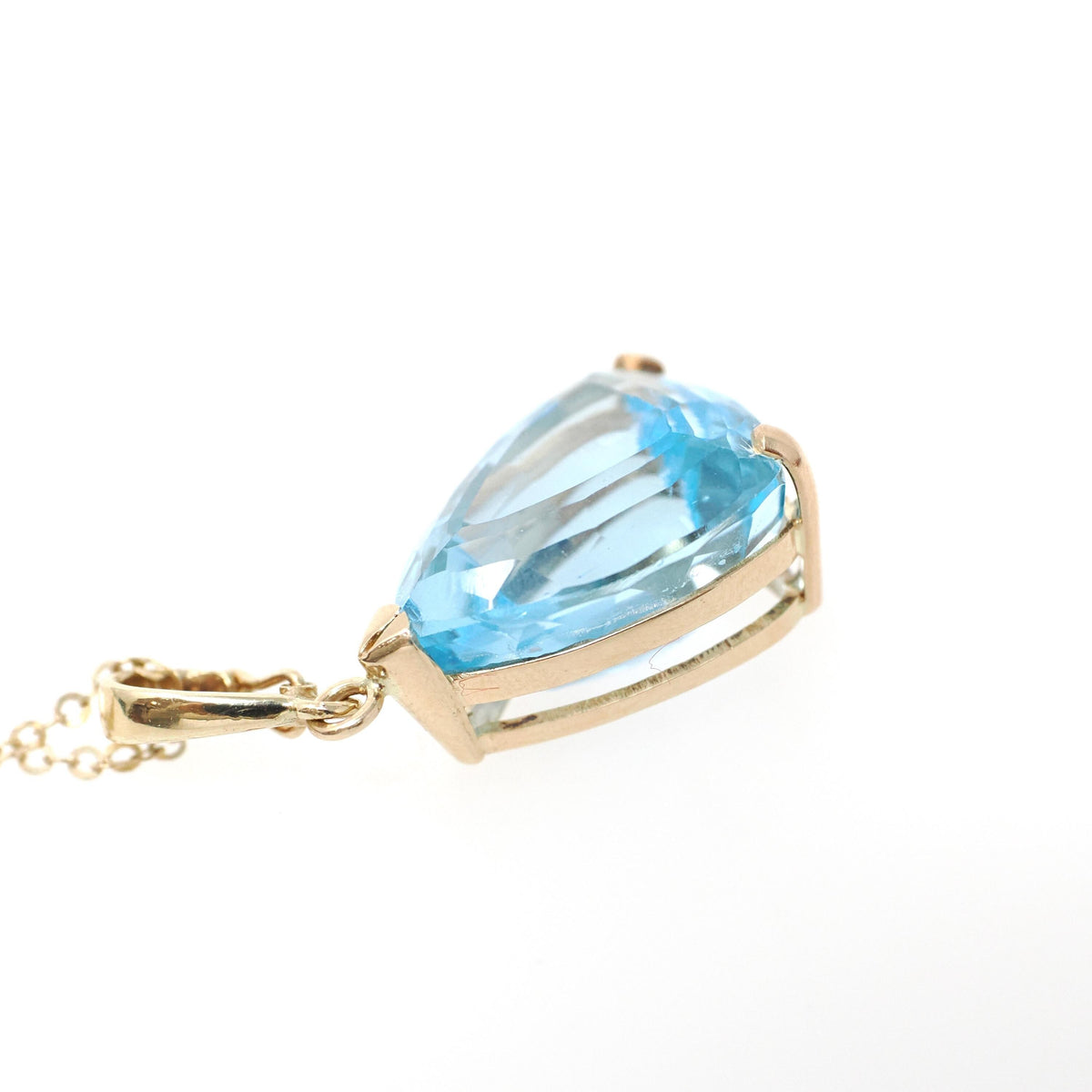 Blue Topaz Pendant - Estate 14k Yellow Gold Pear Faceted 10.08 CT Natural Gem - Contemporary Circa 2000s December Birthstone Fine Jewelry