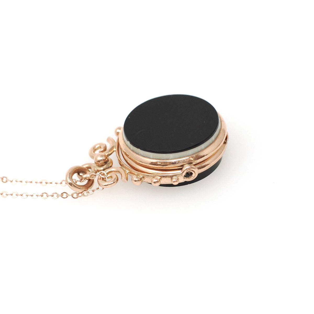 Antique Spinner Locket - Victorian 10k Rose Gold Black White Onyx Sard Carved Intaglio Fob Necklace - Circa 1890s Statement Fine Jewelry