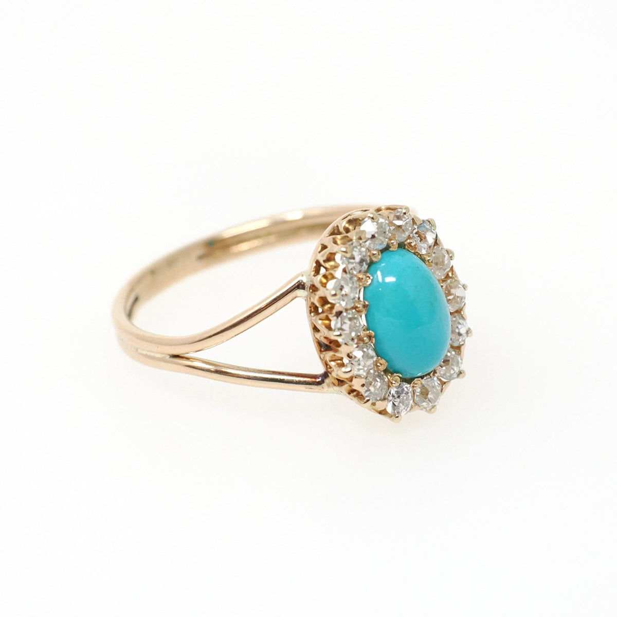 Victorian Turquoise Ring - Antique 14k Rosy Yellow Gold Natural Diamond Halo - Size 6 1/2 Circa 1890s Era Fine December Birthstone Jewelry