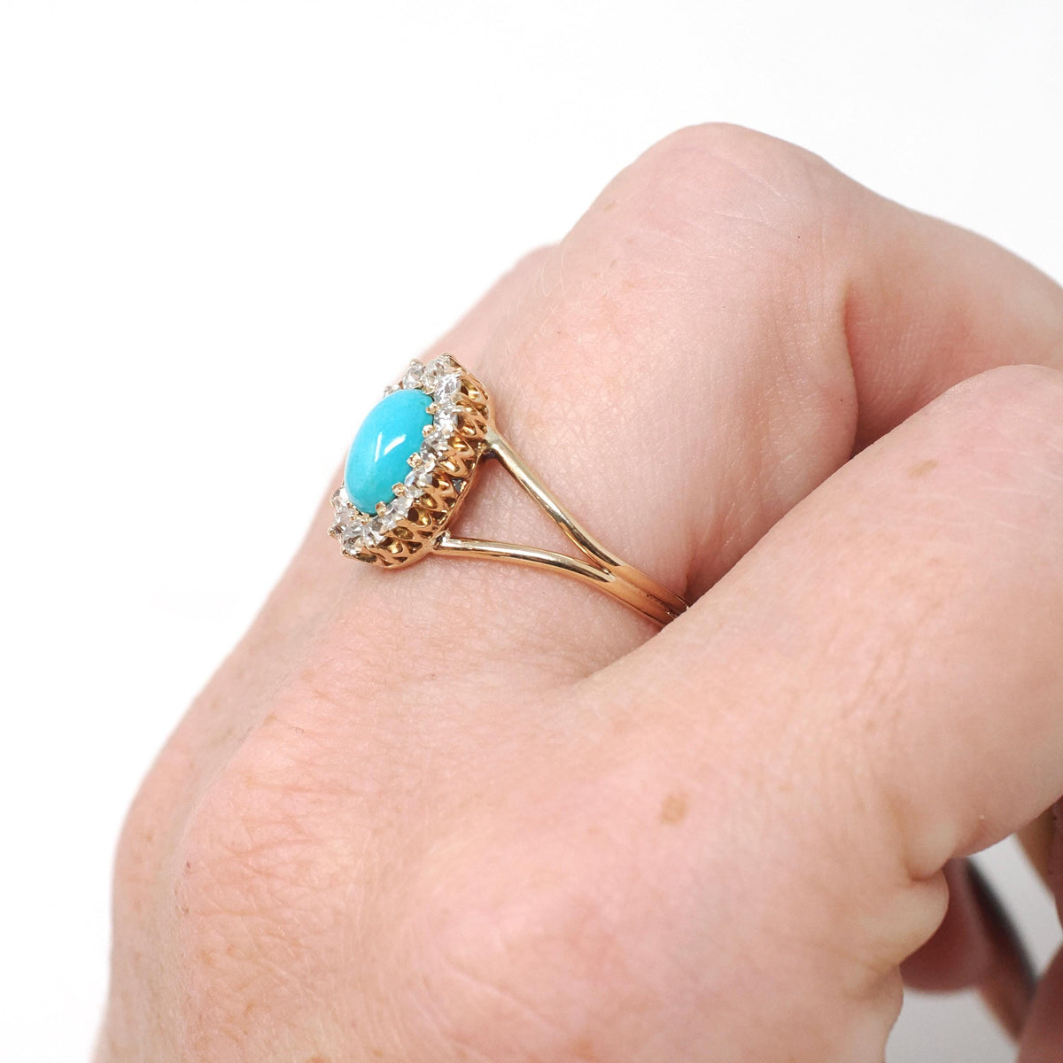 Victorian Turquoise Ring - Antique 14k Rosy Yellow Gold Natural Diamond Halo - Size 6 1/2 Circa 1890s Era Fine December Birthstone Jewelry