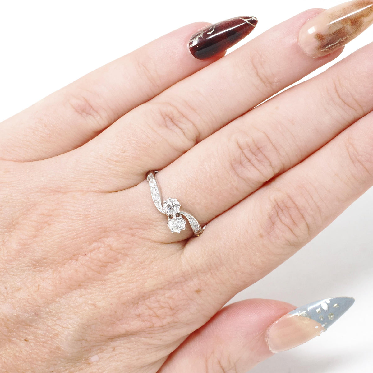Toi Et Moi Ring - Antique 18k White Gold .56 CTW Art Deco Diamond Bypass Band - Vintage Circa 1920s Size 7 Fine Bridal Engagement Jewelry