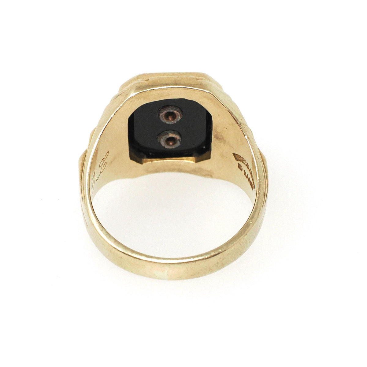 Asbury Park High School Ring - Mid Century Era 10k Yellow Gold Black Chalcedony Onyx Signet - Circa 1958 Size 6.75 EDL Initials Fine Jewelry