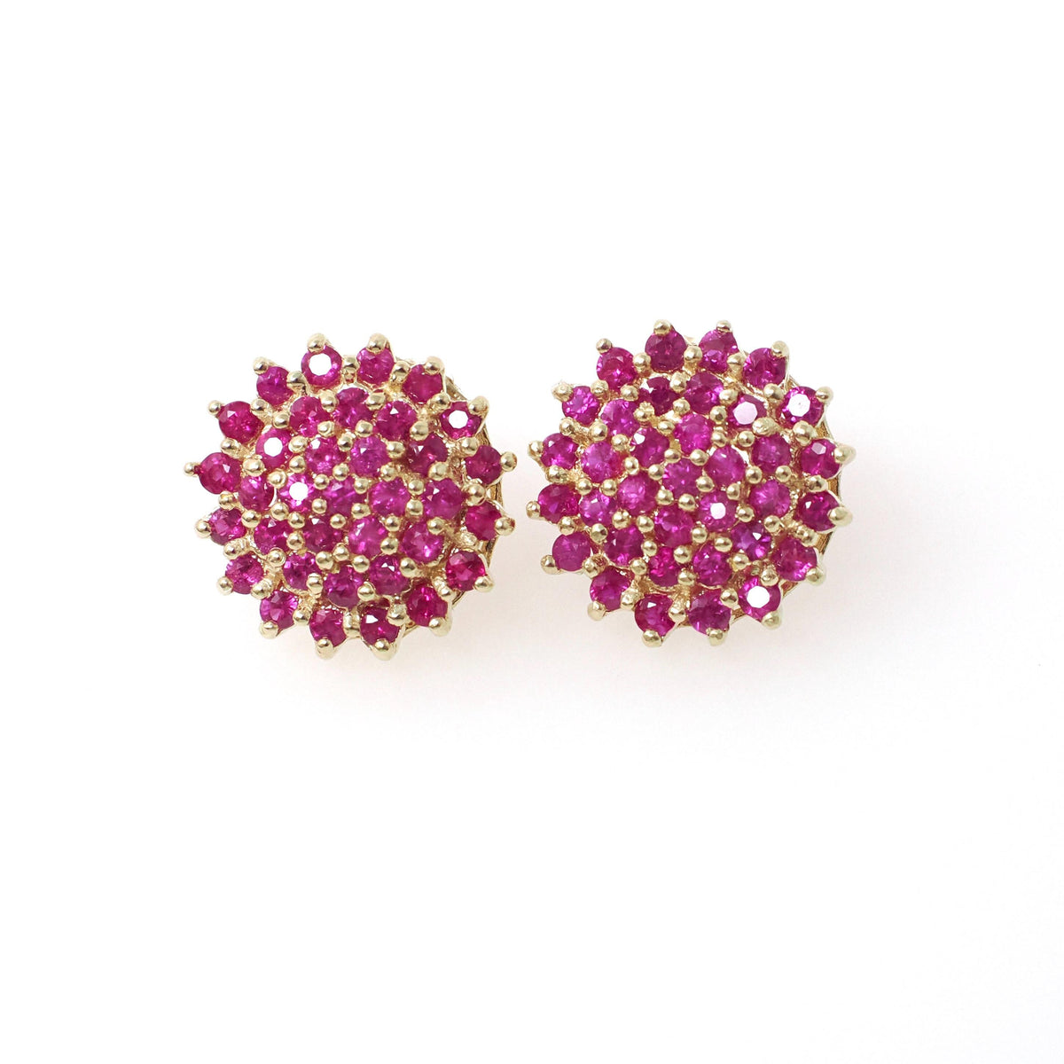 Created Ruby Earrings - Contemporary 14k Yellow Gold Clustered Pinkish Red Gemstones - Circa 2000s Pierced Stud July Birthstone Fine Jewelry