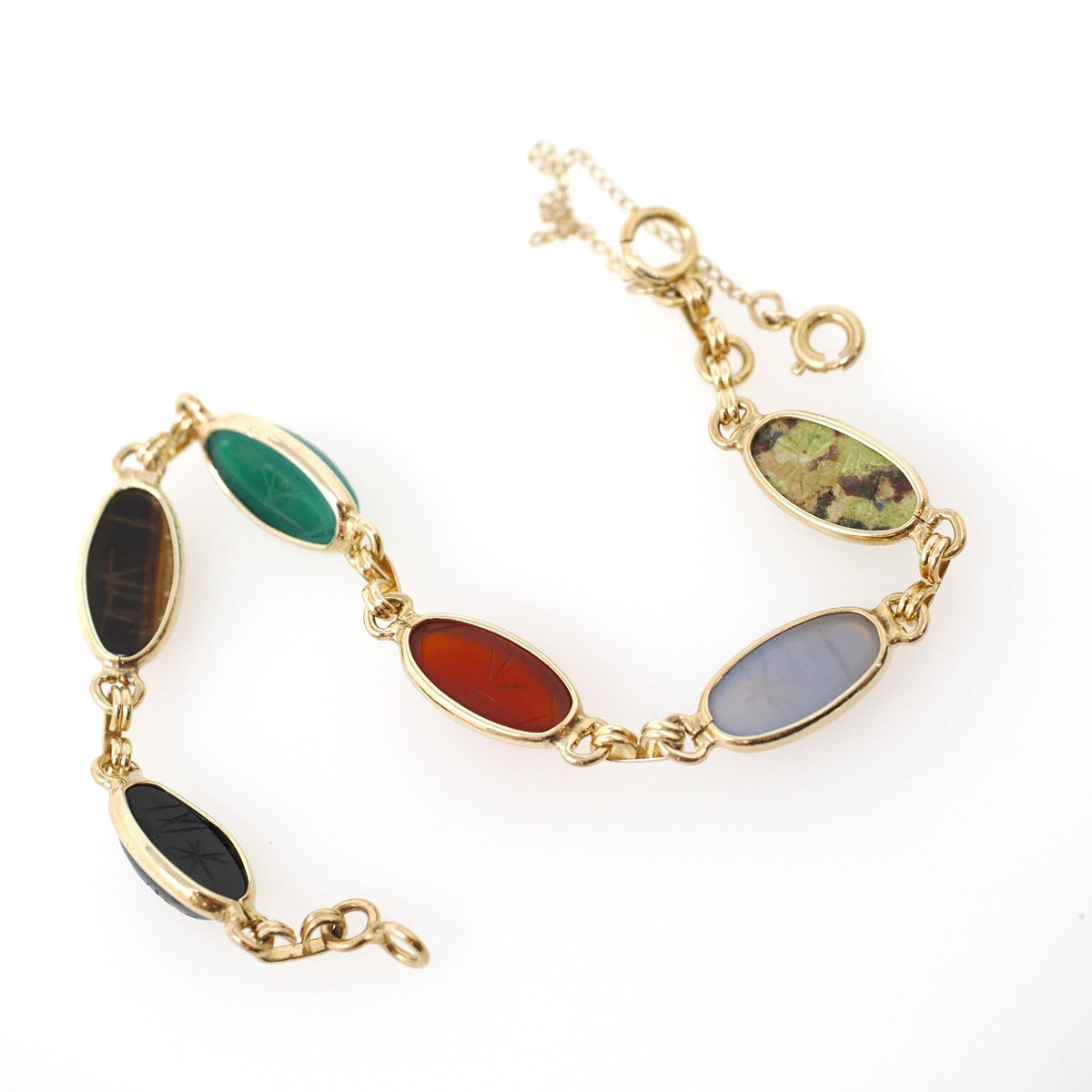 Vintage Scarab Bracelet - Modernist 14k Yellow Gold Oval Carved Natural Gemstones - Circa 1960s Era Egyptian Revival Style Fine 60s Jewelry