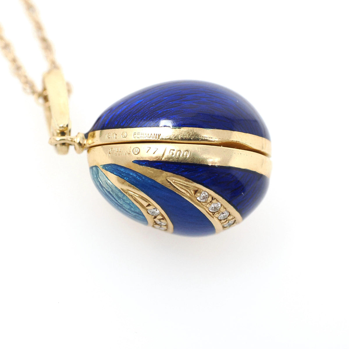 Vintage Fabergé Egg Locket - Contemporary 18k Yellow Gold Blue Enamel Natural Diamond Charm Necklace - Circa 1990s Duck Animal Fine Jewelry