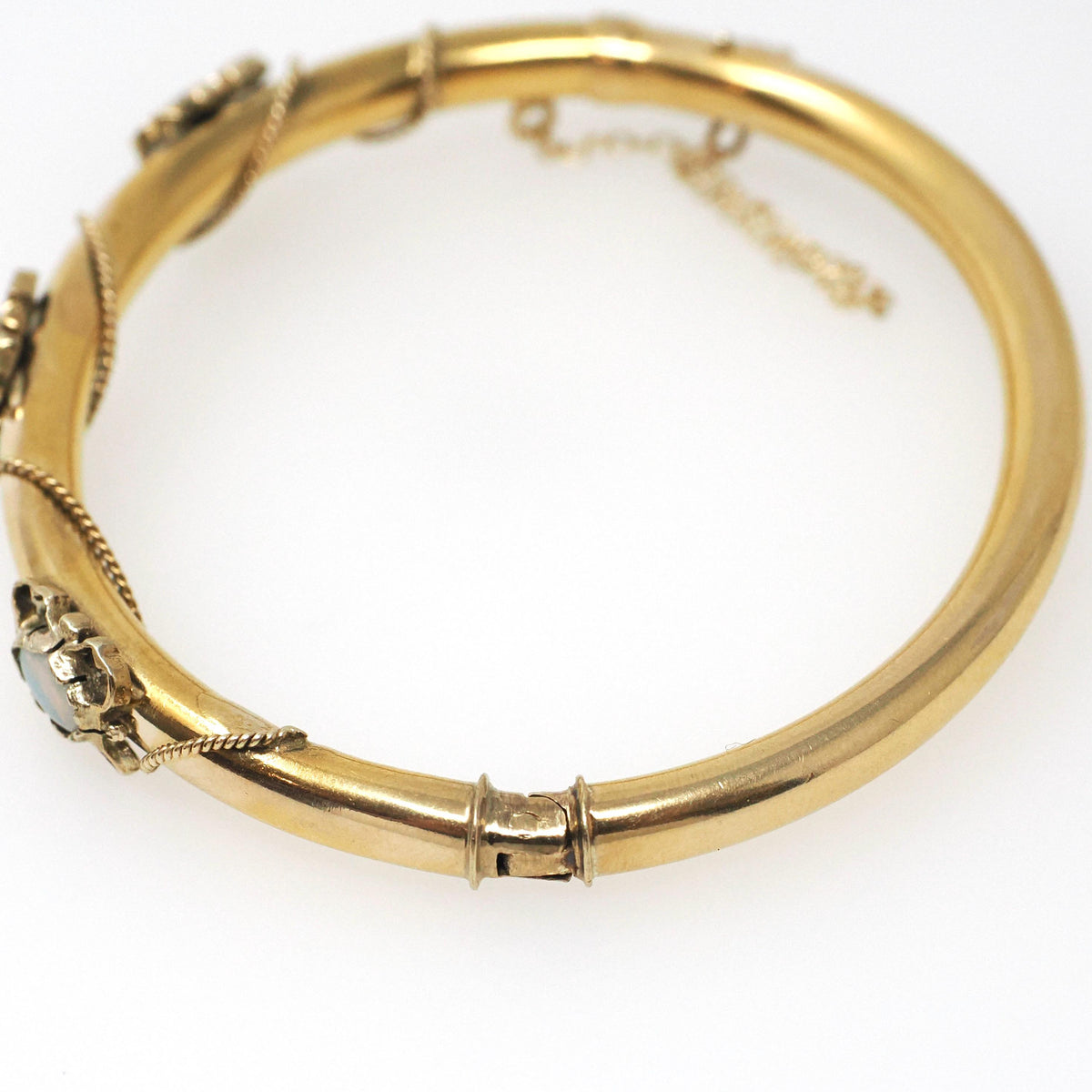 Antique Opal Bracelet - Edwardian 14k Yellow Gold Natural Gem Bangle - Circa 1910s Era Rope Chain Detail Fine October Birthstone Jewelry