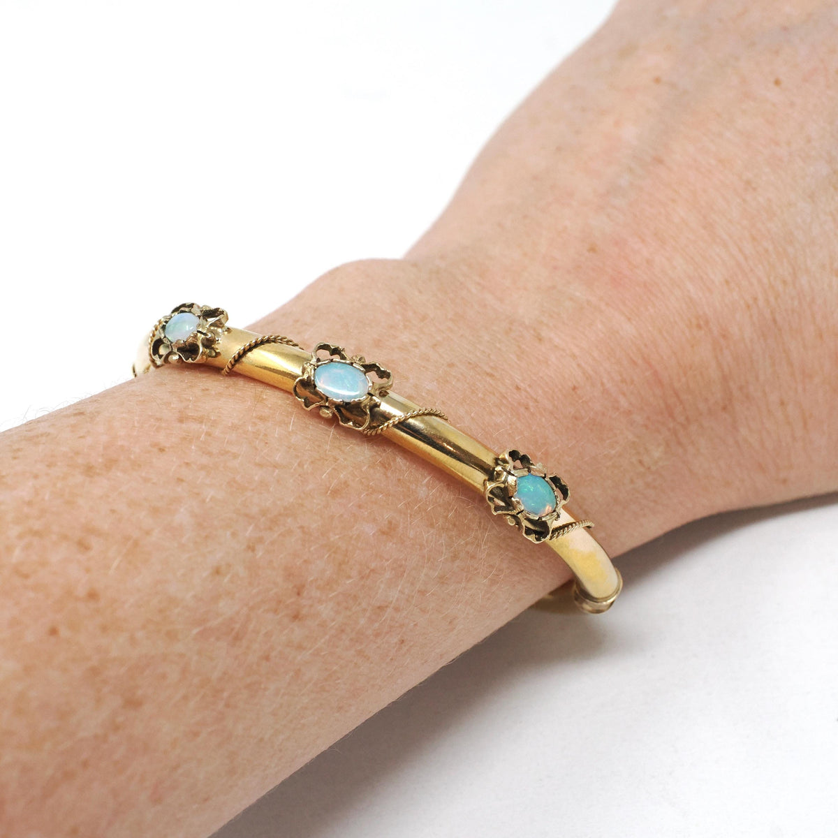 Antique Opal Bracelet - Edwardian 14k Yellow Gold Natural Gem Bangle - Circa 1910s Era Rope Chain Detail Fine October Birthstone Jewelry
