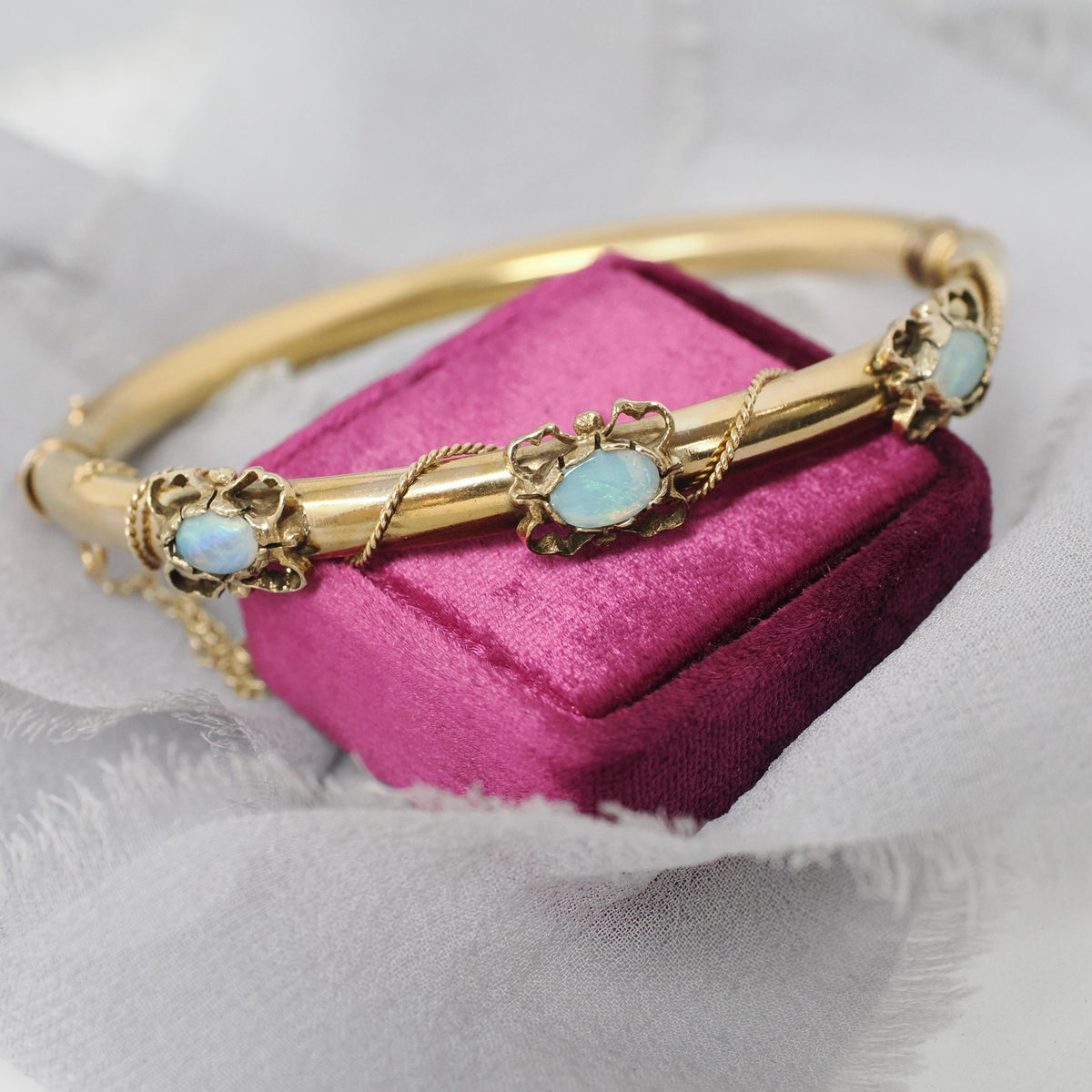 Antique Opal Bracelet - Edwardian 14k Yellow Gold Natural Gem Bangle - Circa 1910s Era Rope Chain Detail Fine October Birthstone Jewelry