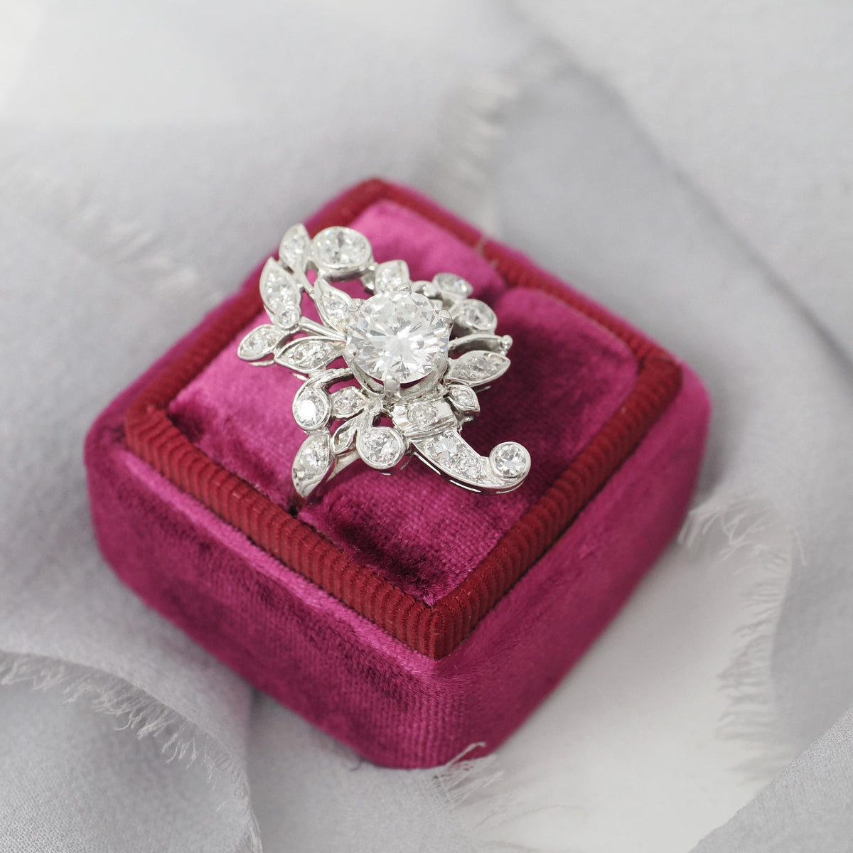 Vintage Engagement Ring - Mid Century Platinum 1.72 CTW Natural Diamonds - Circa 1950s Era Size 6 3/4 Fine Floral Bouquet Filigree Jewelry