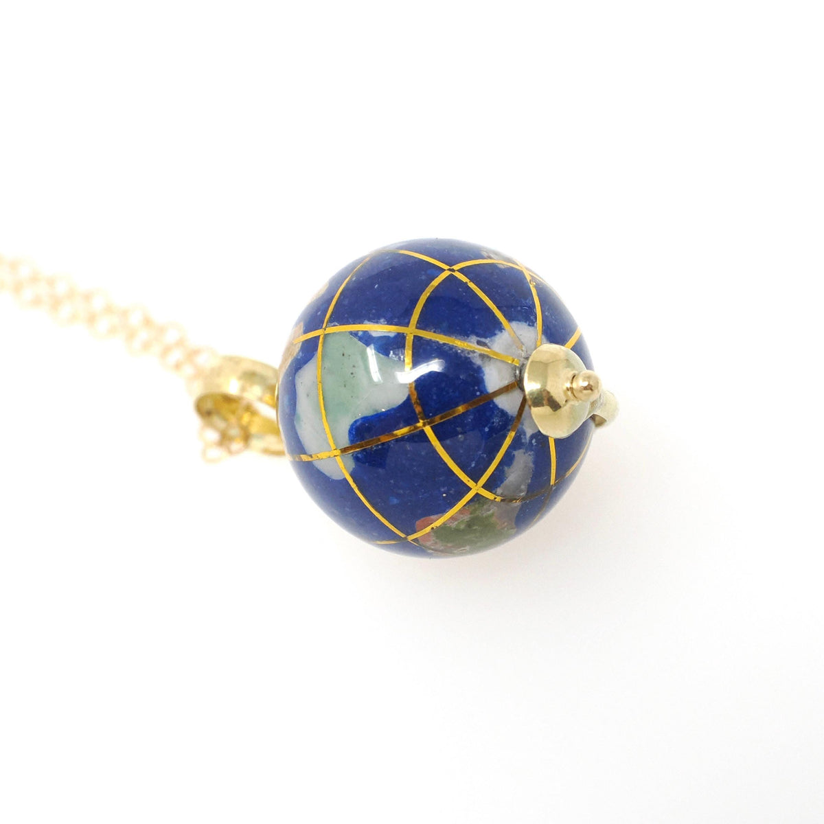 Fine Globe Charm - Contemporary 18k Yellow Gold Natural Lapis Gemstone Inlay Spinner Pendant - Circa 1990s Souvenir Earth Travel Jewelry