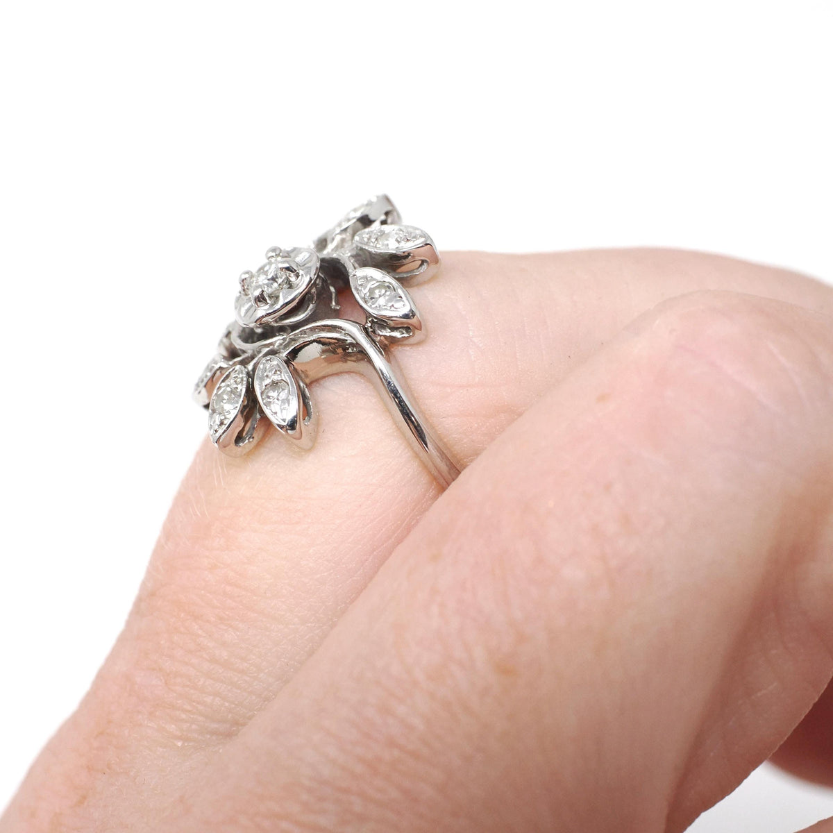 Diamond Bypass Ring - Mid Century Era 14k White Gold .22 CTW Floral Spray - Vintage 1950s Size 4 1/2 Leaf Cluster Fine Sweetheart Jewelry