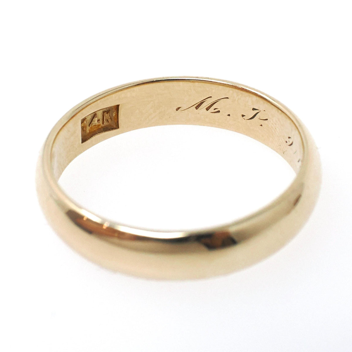 Edwardian Wedding Band - Antique 14k Yellow Gold 4.7MM Half Round Ring - Dated 1913 Size 9 1/2 Inscribed MJ R+J Bridal Fine Stacking Jewelry