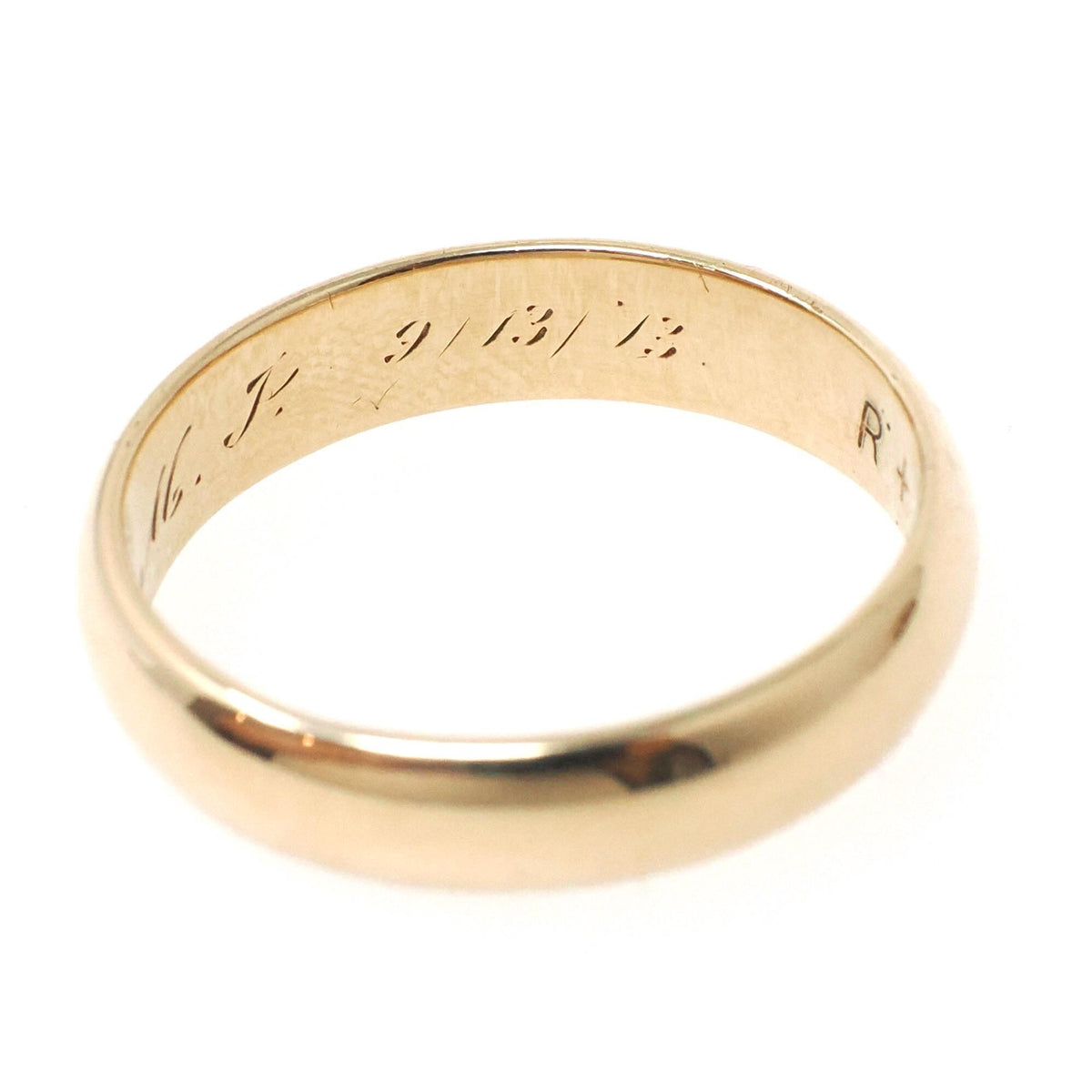 Edwardian Wedding Band - Antique 14k Yellow Gold 4.7MM Half Round Ring - Dated 1913 Size 9 1/2 Inscribed MJ R+J Bridal Fine Stacking Jewelry