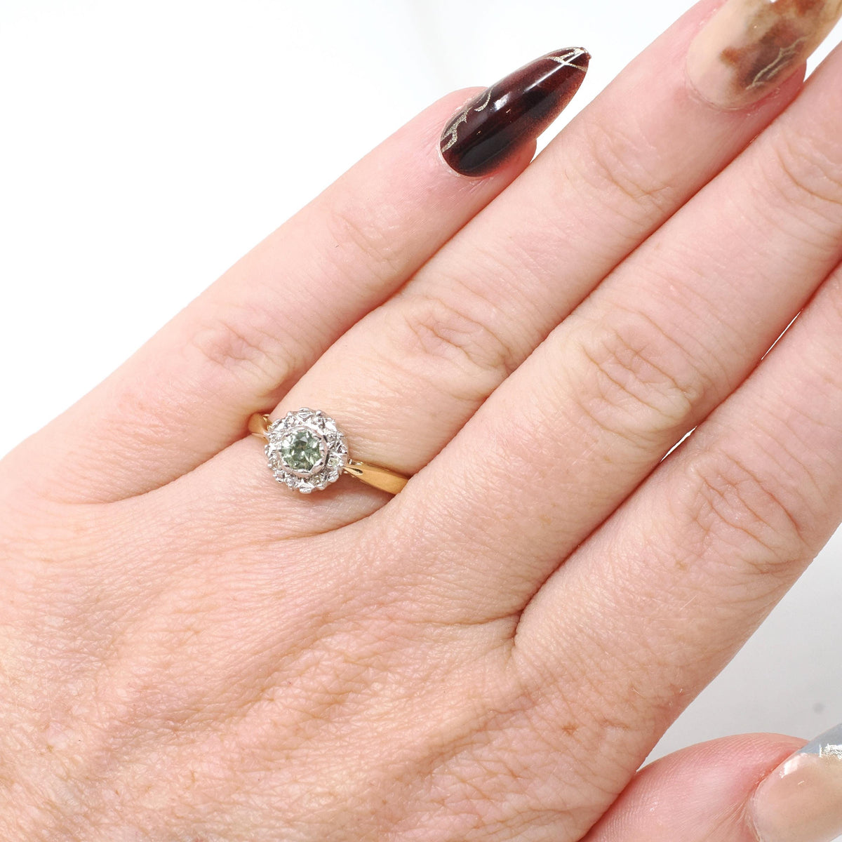 Antique Flower Ring - Edwardian 18k Yellow & White Gold Green Sapphire Gemstone .04 CTW Diamonds - Circa 1910s Size 5 3/4 Halo Fine Jewelry