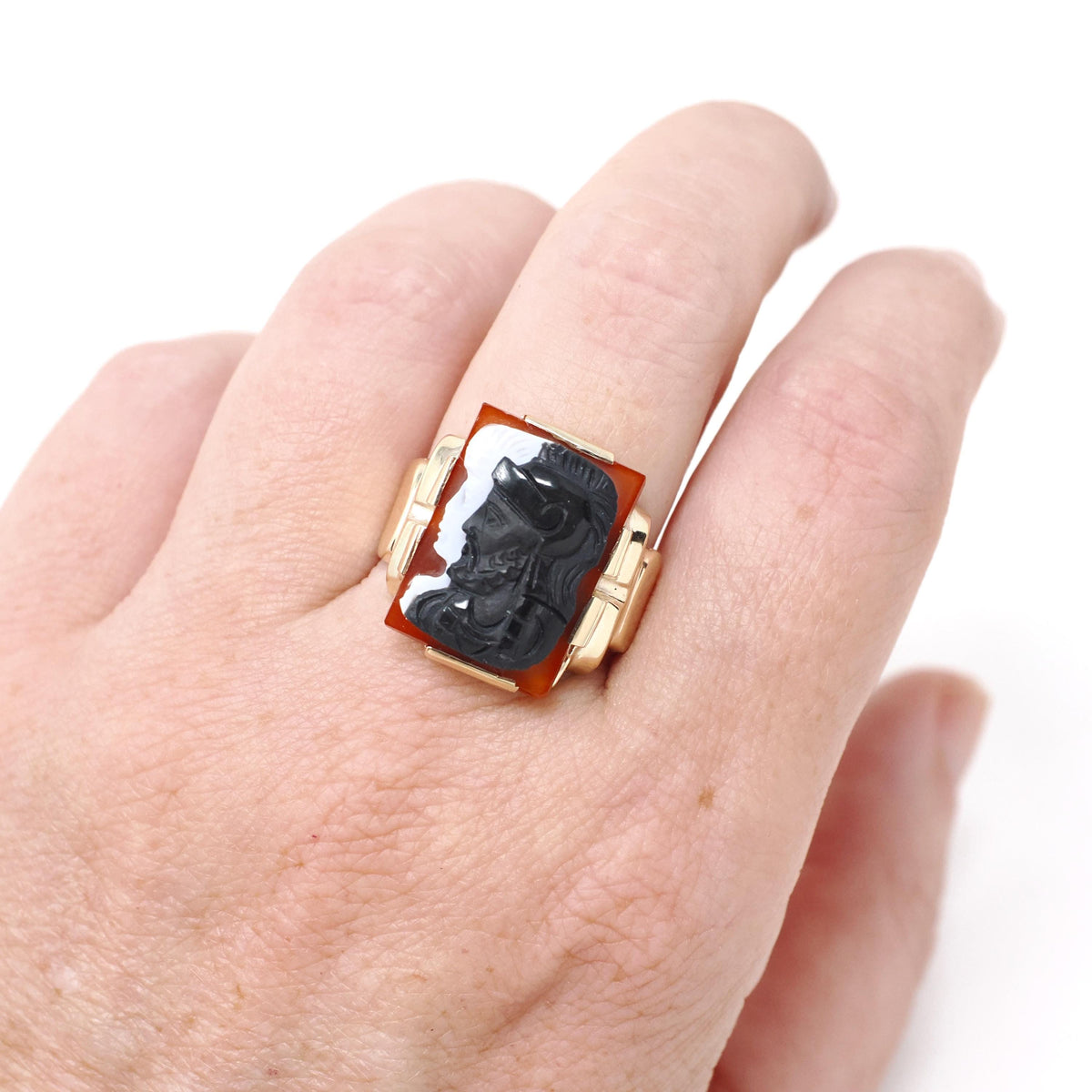 Art Deco Ring - Vintage 10k Yellow Gold Double Cameo Black White Natural Sardonyx - Circa 1930s Size 7 Helen & Paris Of Troy Fine Jewelry