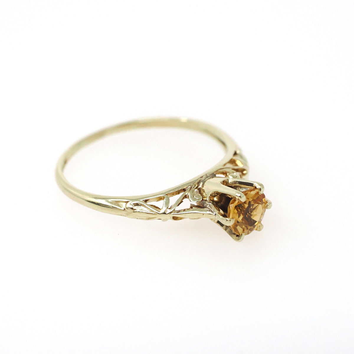 Edwardian Citrine Ring - Antique 14k Yellow Gold Gemstone Filigree Solitaire - Circa 1910s Era Size 7 1/2 November Birthstone Fine Jewelry