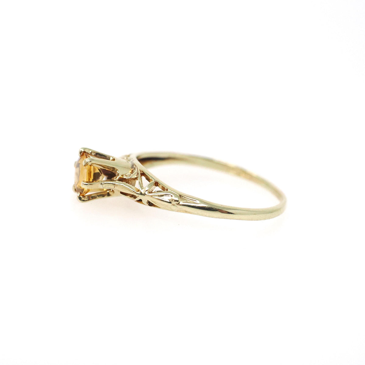 Edwardian Citrine Ring - Antique 14k Yellow Gold Gemstone Filigree Solitaire - Circa 1910s Era Size 7 1/2 November Birthstone Fine Jewelry