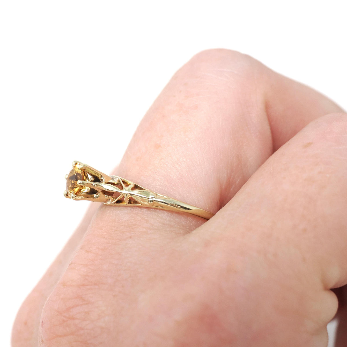 Edwardian Citrine Ring - Antique 14k Yellow Gold Gemstone Filigree Solitaire - Circa 1910s Era Size 7 1/2 November Birthstone Fine Jewelry