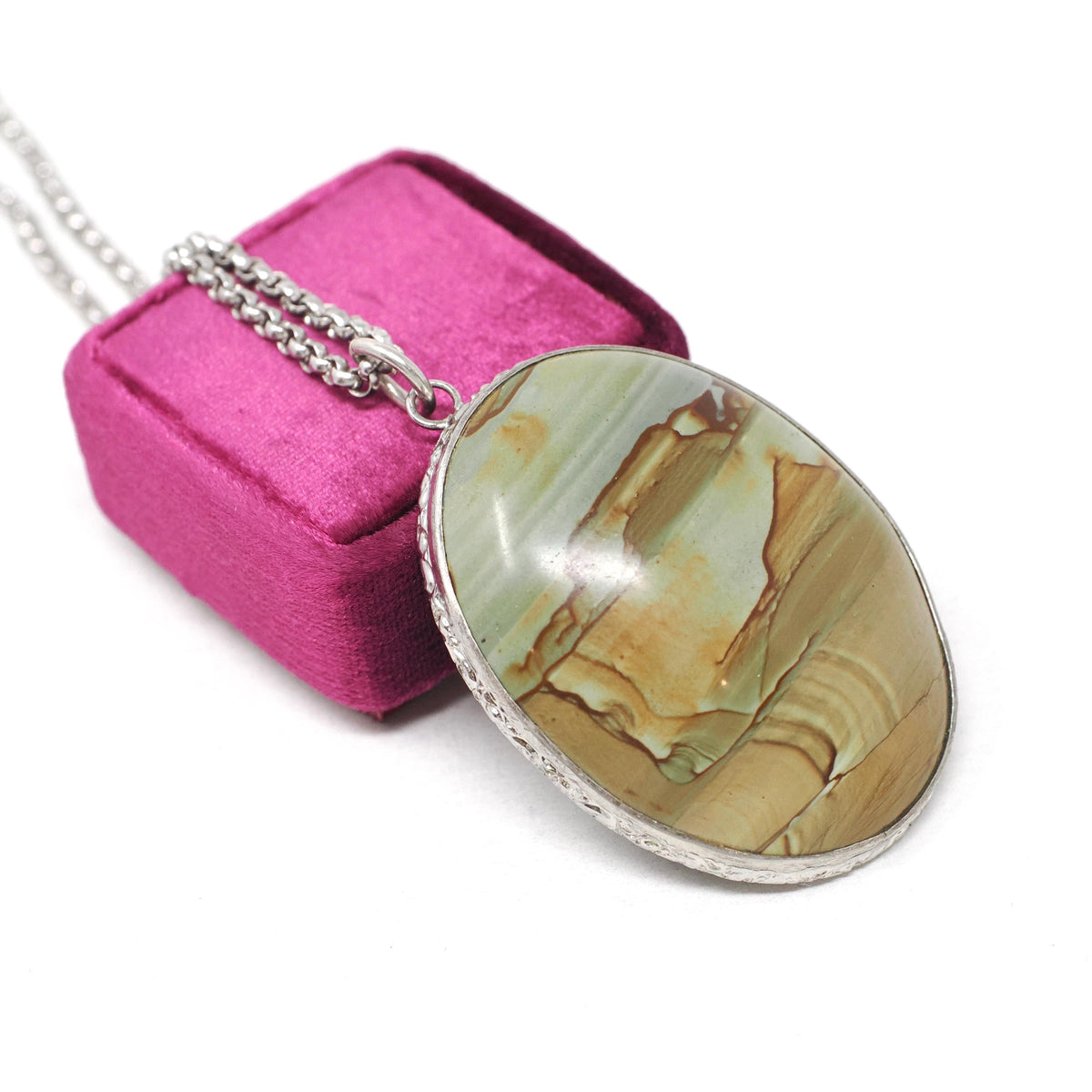 Picture Jasper Pendant Necklace - Retro Era Handmade Sterling Silver Natural Green Brown Gemstone Cab - Circa 1950s Unisex Fashion Jewelry