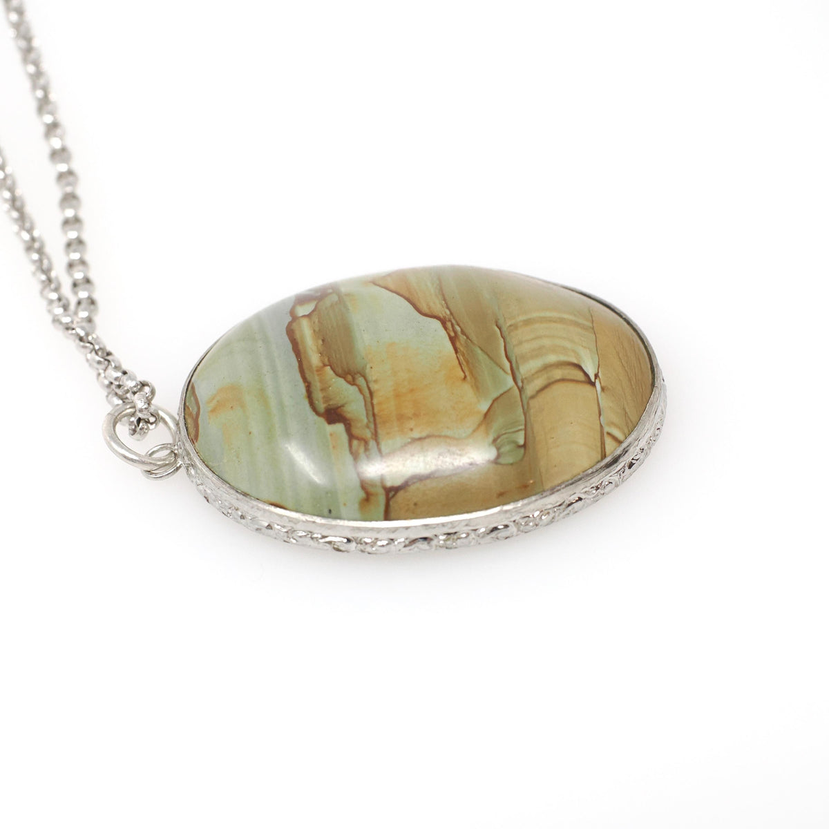 Picture Jasper Pendant Necklace - Retro Era Handmade Sterling Silver Natural Green Brown Gemstone Cab - Circa 1950s Unisex Fashion Jewelry