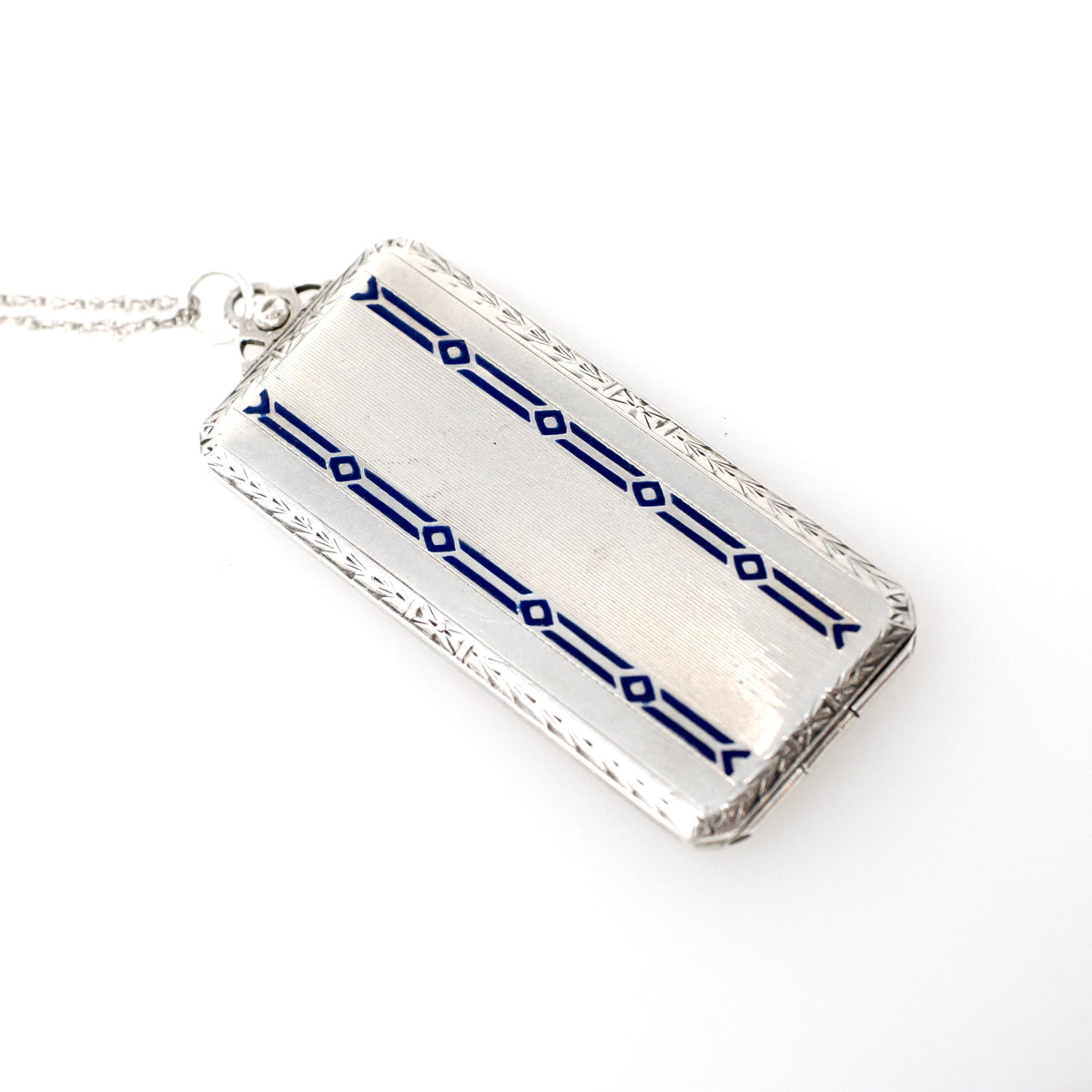 Calling Card Case Pendant - Art Deco Sterling Silver Royal Blue Guilloché Enamel Compact Locket - Circa 1930s Era Engraved Utility Jewelry
