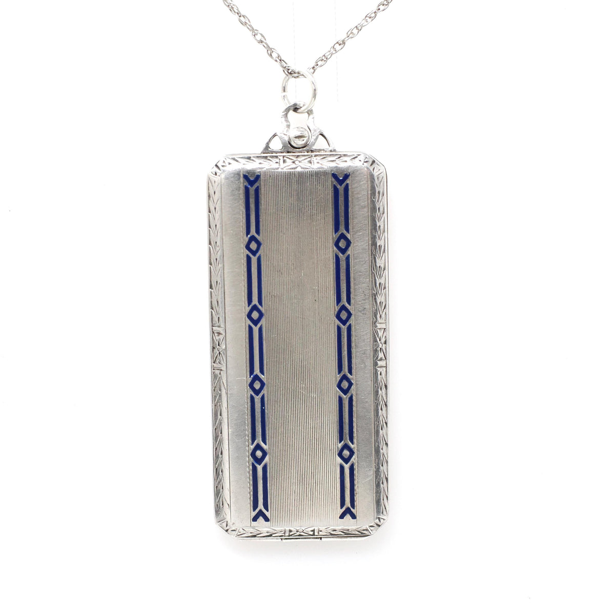 Calling Card Case Pendant - Art Deco Sterling Silver Royal Blue Guilloché Enamel Compact Locket - Circa 1930s Era Engraved Utility Jewelry