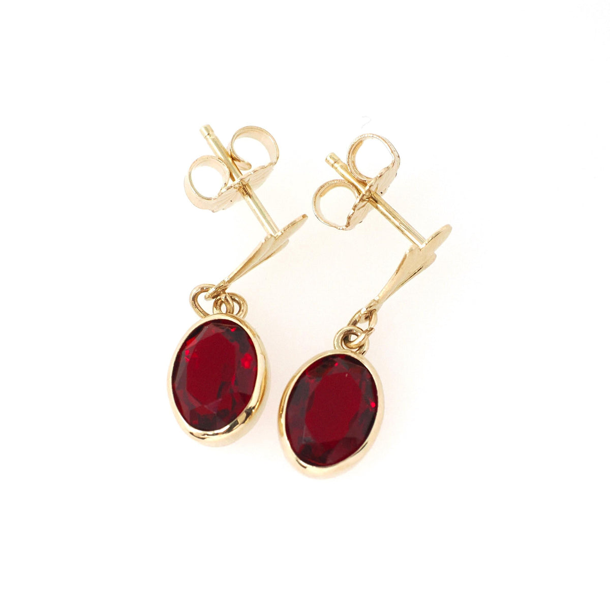 Simulated Ruby Earrings - Modernist 14k Yellow Gold Oval Red Glass Pierced Stud Dangle Drop - Circa Late 1960s July Birthstone Fine Jewelry