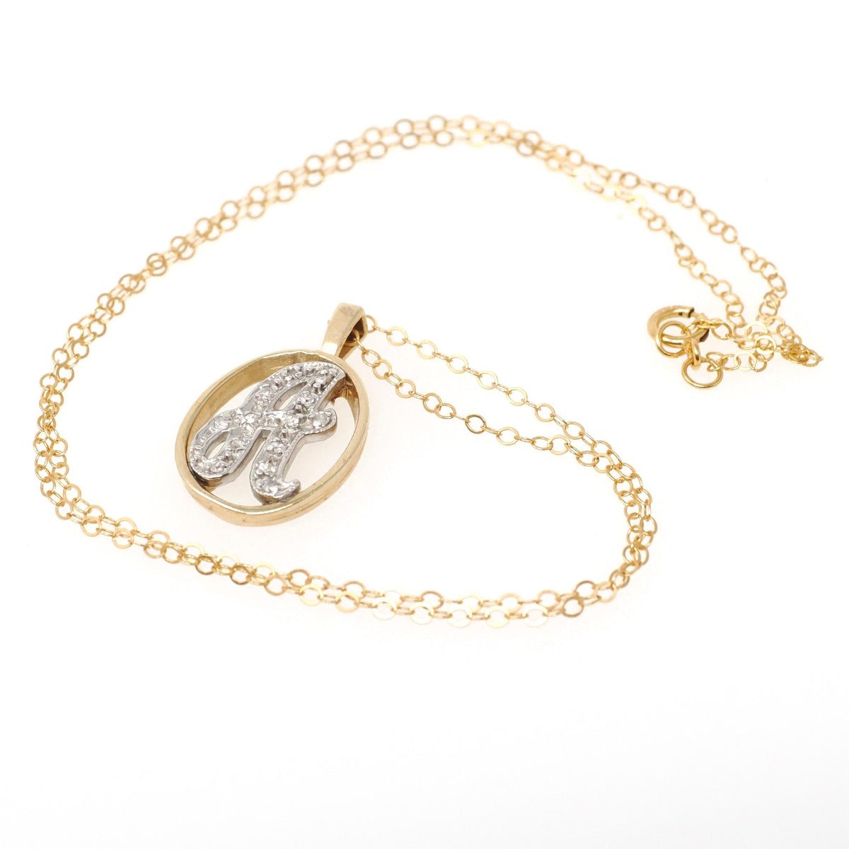 Letter "A" Necklace - Estate 14k Yellow & White Gold Initial Natural Diamonds - Contemporary Circa 2000s Personal Name Script Fine Jewelry