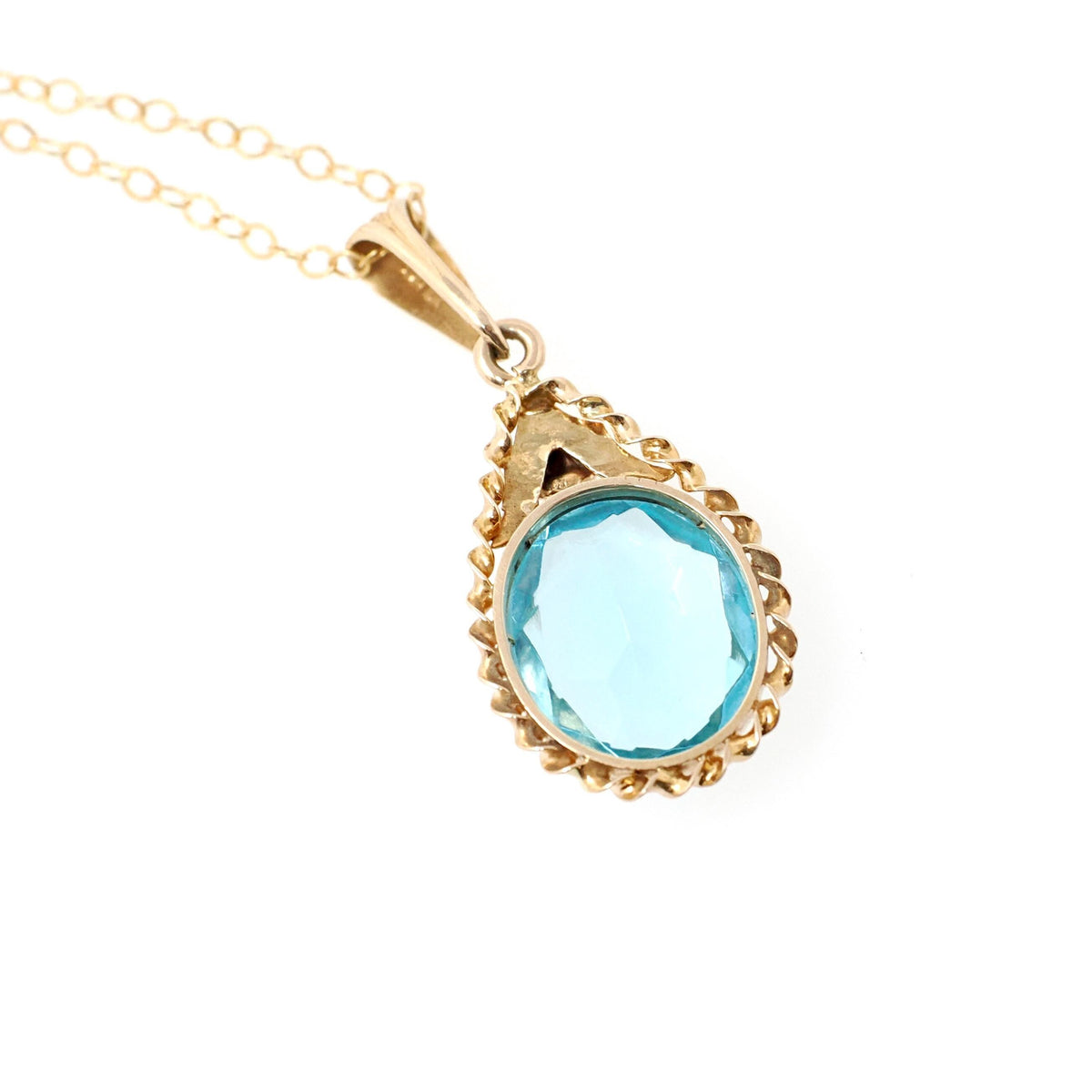 Simulated Aquamarine Necklace - Retro 10k Yellow Gold Oval Faceted Blue Glass Stone Pendant - Vintage Circa 1940s Era Fine Statement Jewelry