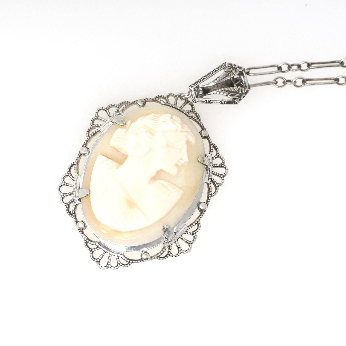 Art Deco Pendant - Vintage Sterling Silver Carved Shell Cameo Flower Necklace - Circa 1930s Era Filigree Statement Flapper 30s Jewelry