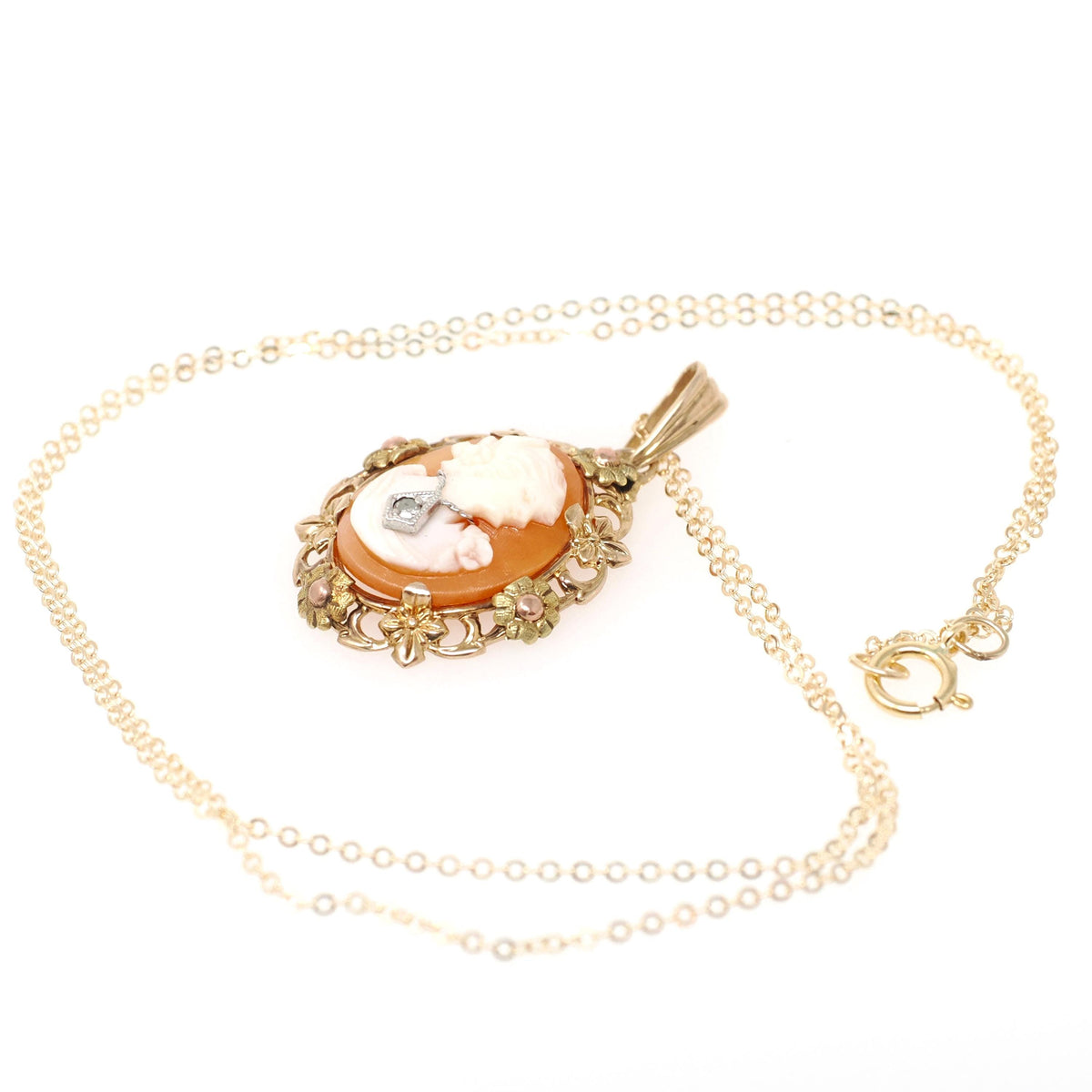 Vintage Cameo Necklace - Mid Century 10k Yellow Gold Oval Carved Shell Flower Pendant Charm - Circa 1940s Era Statement Fine 40s Jewelry