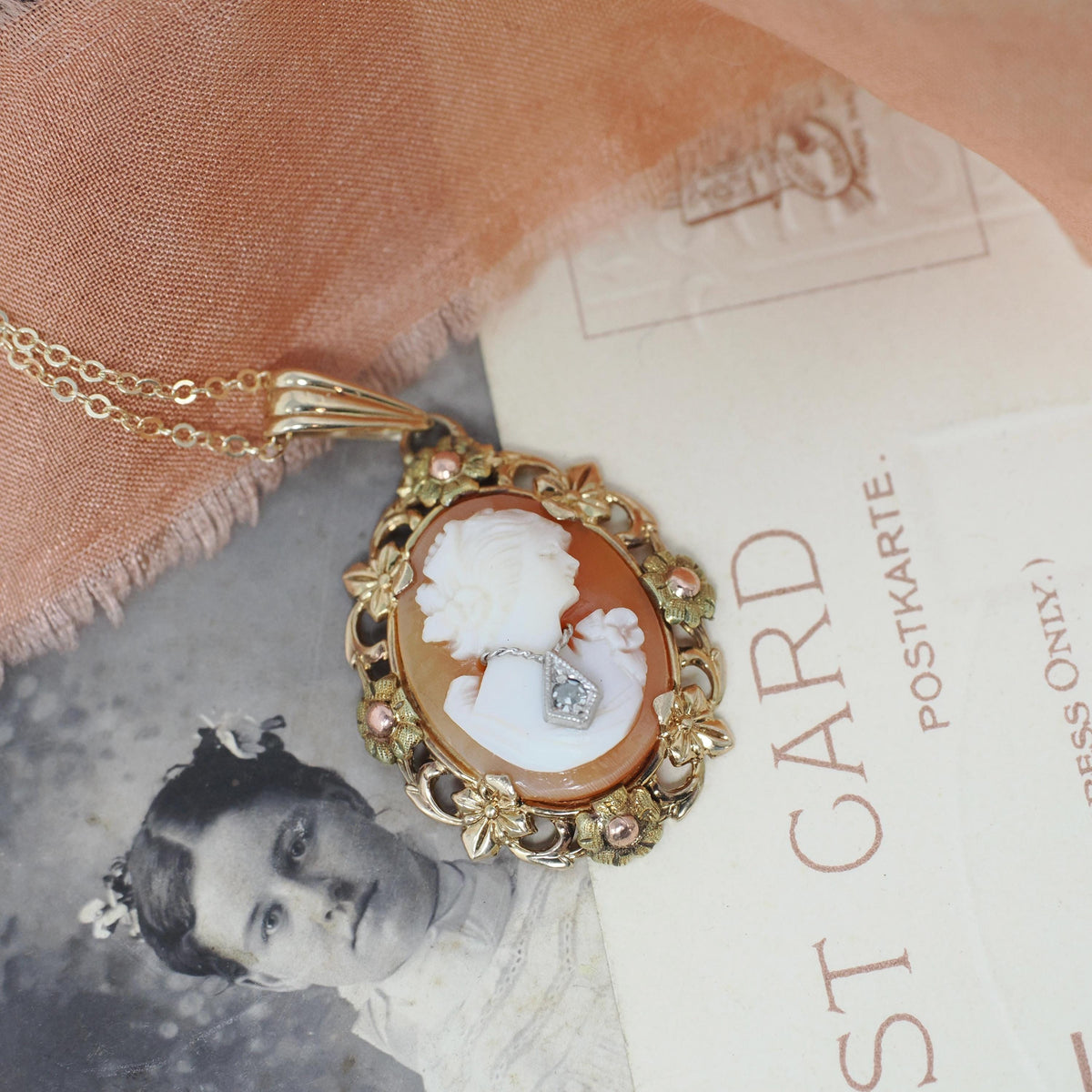 Vintage Cameo Necklace - Mid Century 10k Yellow Gold Oval Carved Shell Flower Pendant Charm - Circa 1940s Era Statement Fine 40s Jewelry
