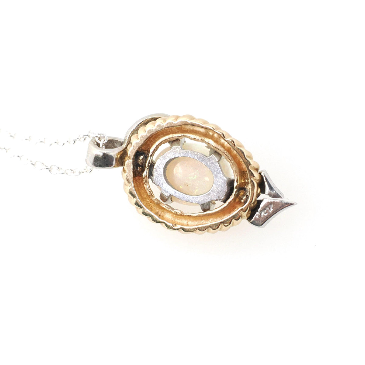Vintage Opal Necklace - Modernist 14k Yellow And White Gold Cabochon Gemstone Pendant - Circa 1970s Era October Birthstone Fine Jewelry