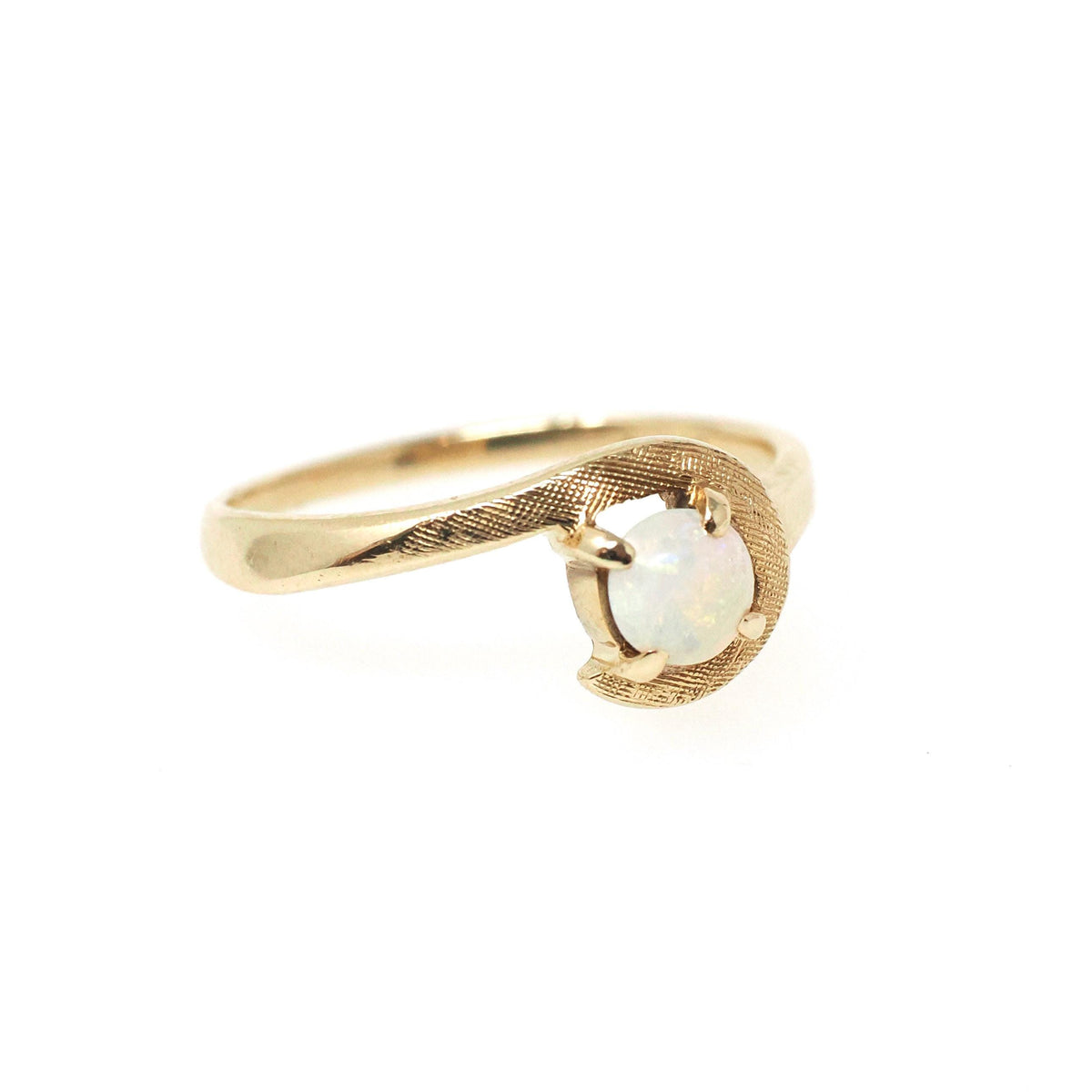 Vintage Opal Ring - Modernist 10k Yellow Gold Natural Gemstone Solitaire - Circa 1970s Size 6 3/4 Bypass October Birthstone Fine Jewelry