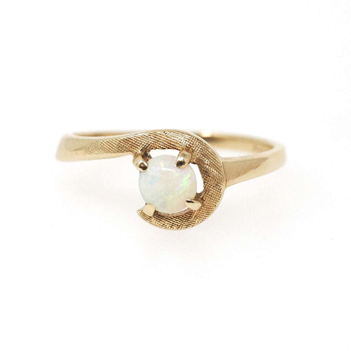 Vintage Opal Ring - Modernist 10k Yellow Gold Natural Gemstone Solitaire - Circa 1970s Size 6 3/4 Bypass October Birthstone Fine Jewelry