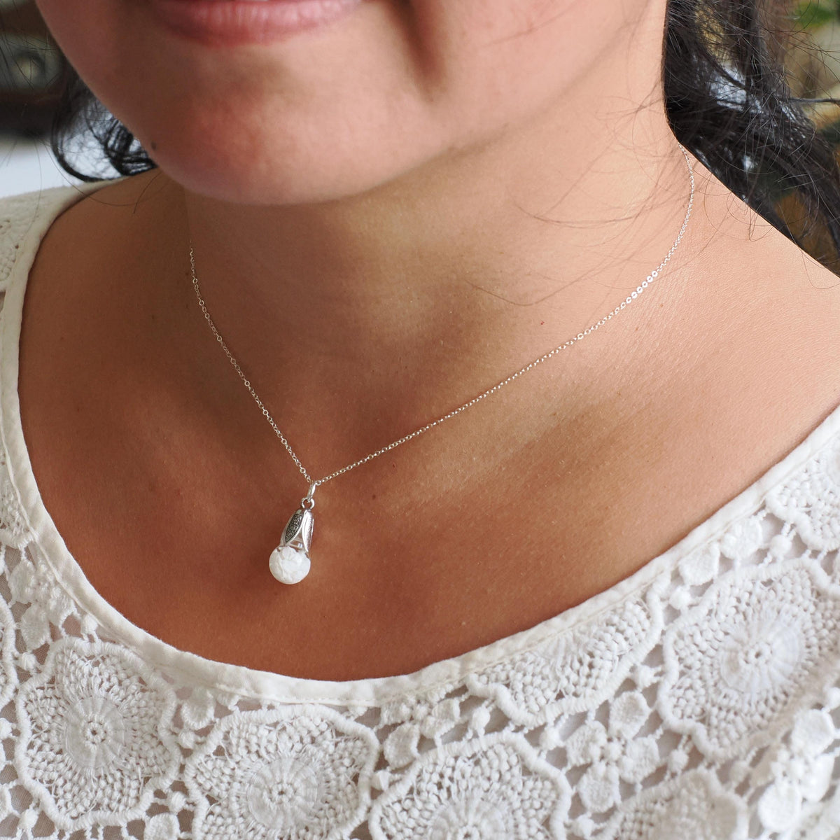 Floating Opal Necklace - Mid Century Sterling Silver Tulip Cap Gemstones Chips Charm - Vintage 1950s Era Liquid Teardrop Pendant Jewelry