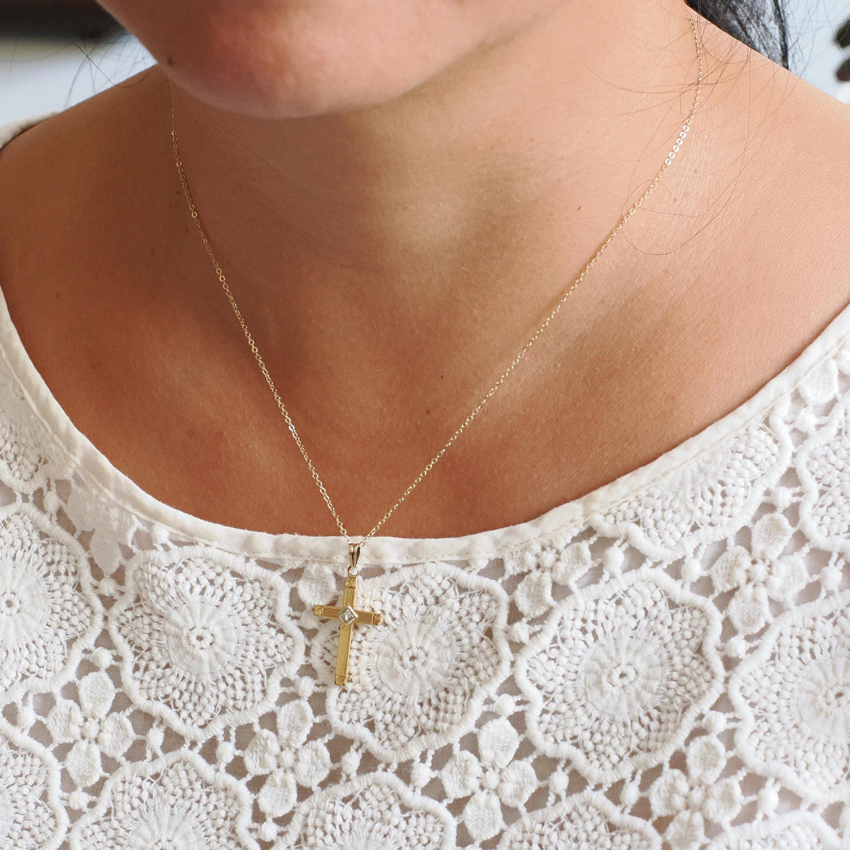 Vintage Cross Necklace - Retro 14k Yellow & White Gold Natural .02 CT Diamond Pendant - Circa 1940s Era Religious Faith Fine 40s Jewelry
