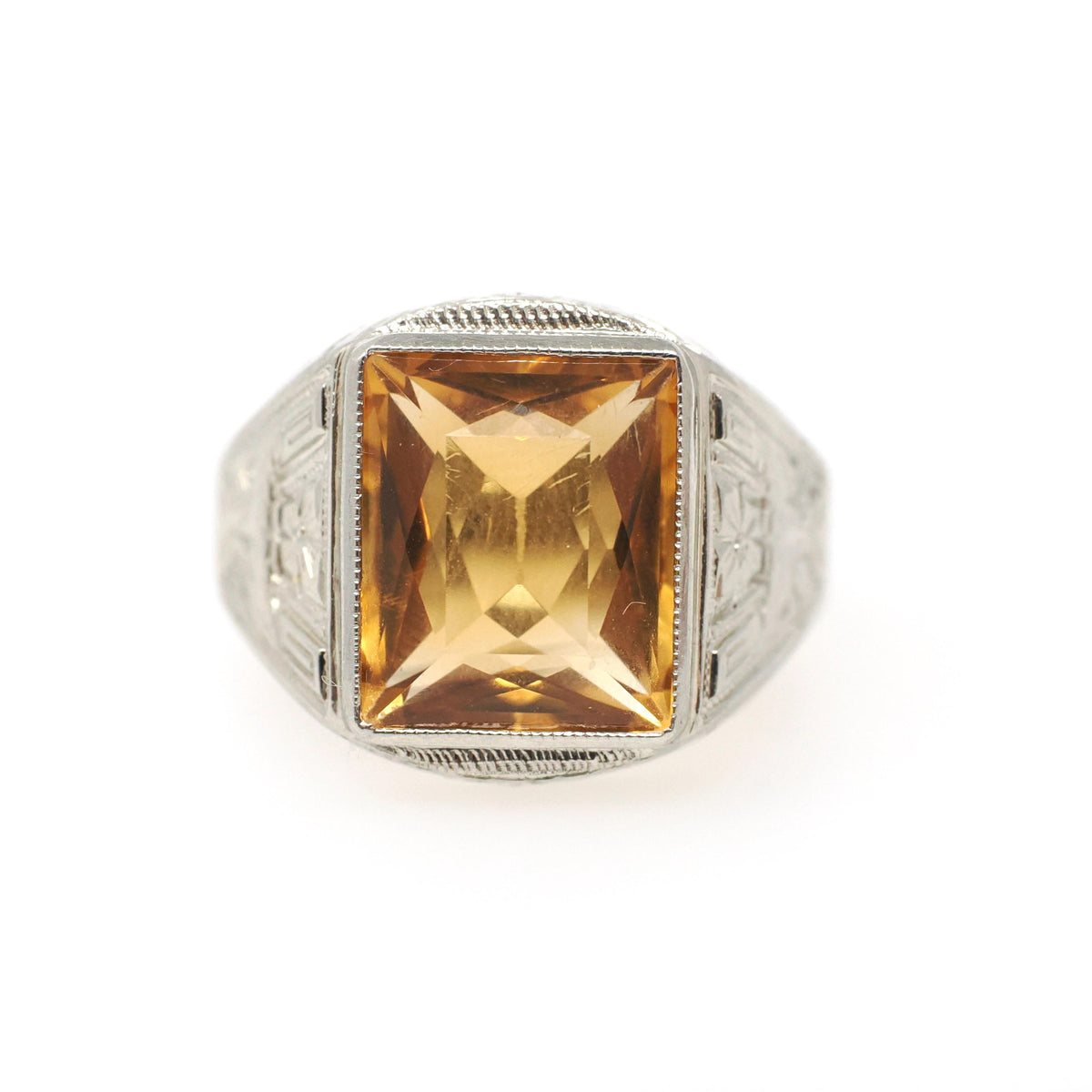 Natural Citrine Ring - Art Deco 10k White Gold Emerald Cut Yellow Gemstone - Vintage Circa 1930s Era Size 9 November Birthstone Fine Jewelry
