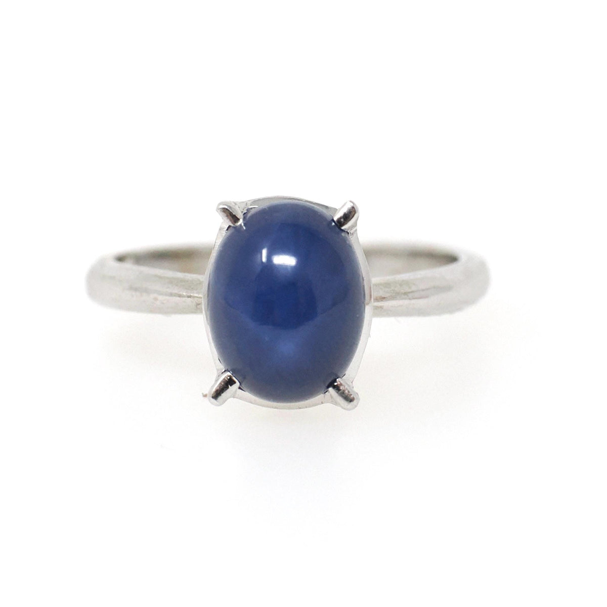 Created Star Sapphire Ring - Vintage 14k White Gold Oval Blue Cabochon Solitaire - Modernist 1960s 5 1/4 September Birthstone Fine Jewelry