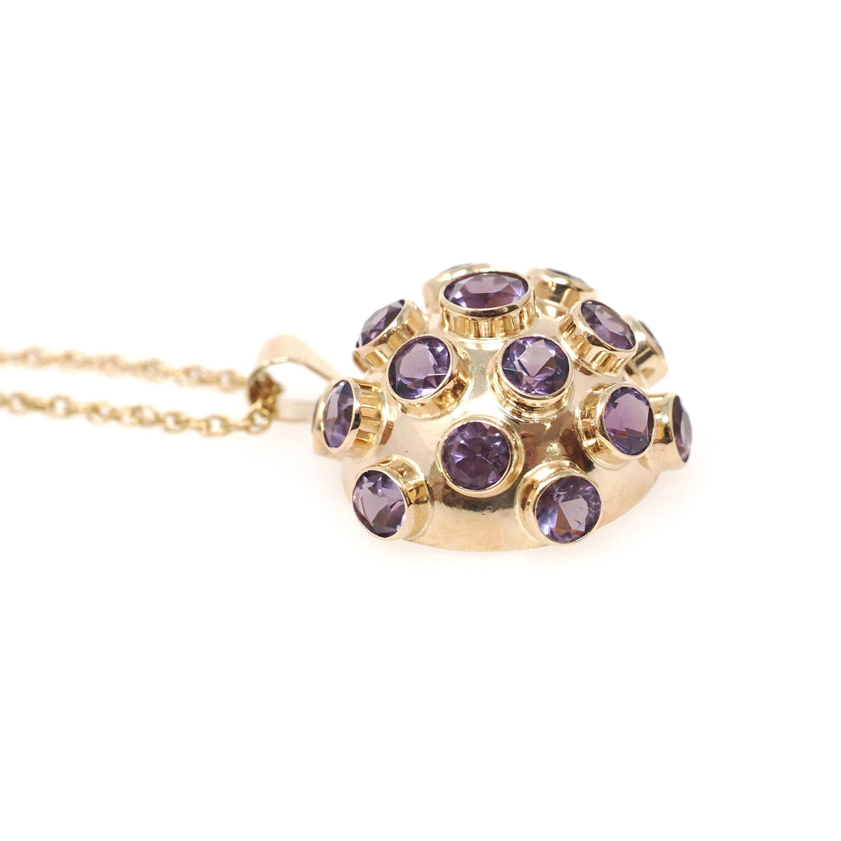 Vintage Sputnik Pendant - Modernist 14k Yellow Gold Half Dome Statement Necklace - Circa 1960s Era Natural Amethyst Gemstones Fine Jewelry