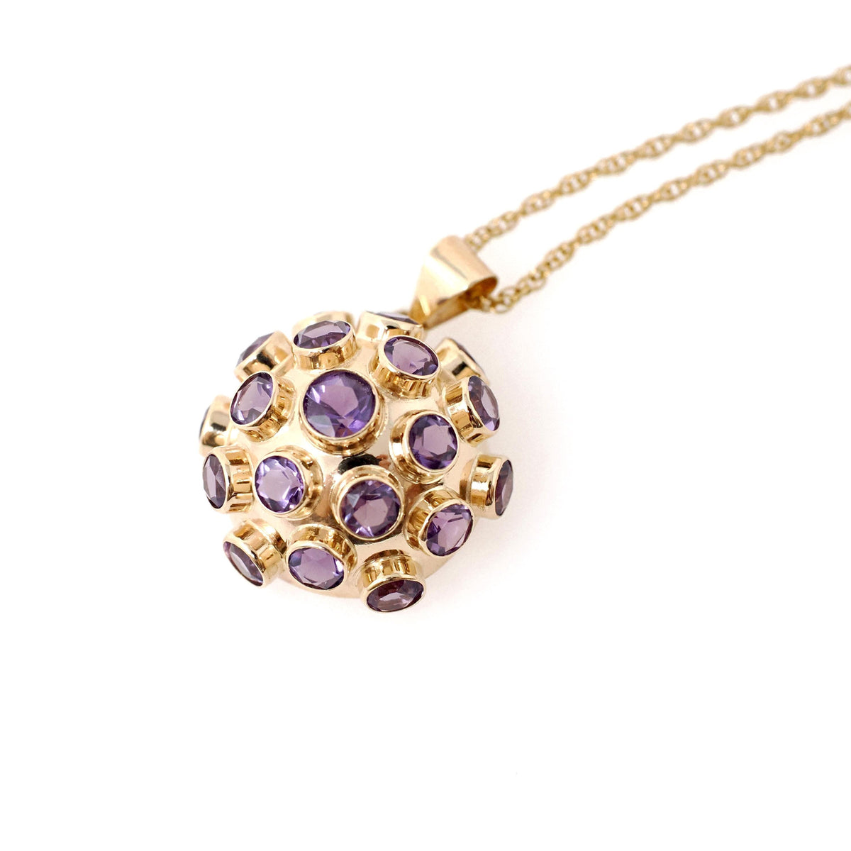 Vintage Sputnik Pendant - Modernist 14k Yellow Gold Half Dome Statement Necklace - Circa 1960s Era Natural Amethyst Gemstones Fine Jewelry